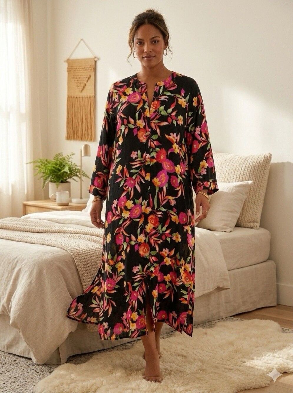 Natori Seville Zip Caftan Long Robe Loungewear Satin Floral Black Pink Size 2X